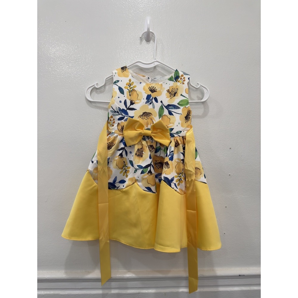 Girls Yellow Floral Party Dress Sleeveless Bow Tie Back Special Occasion Dress